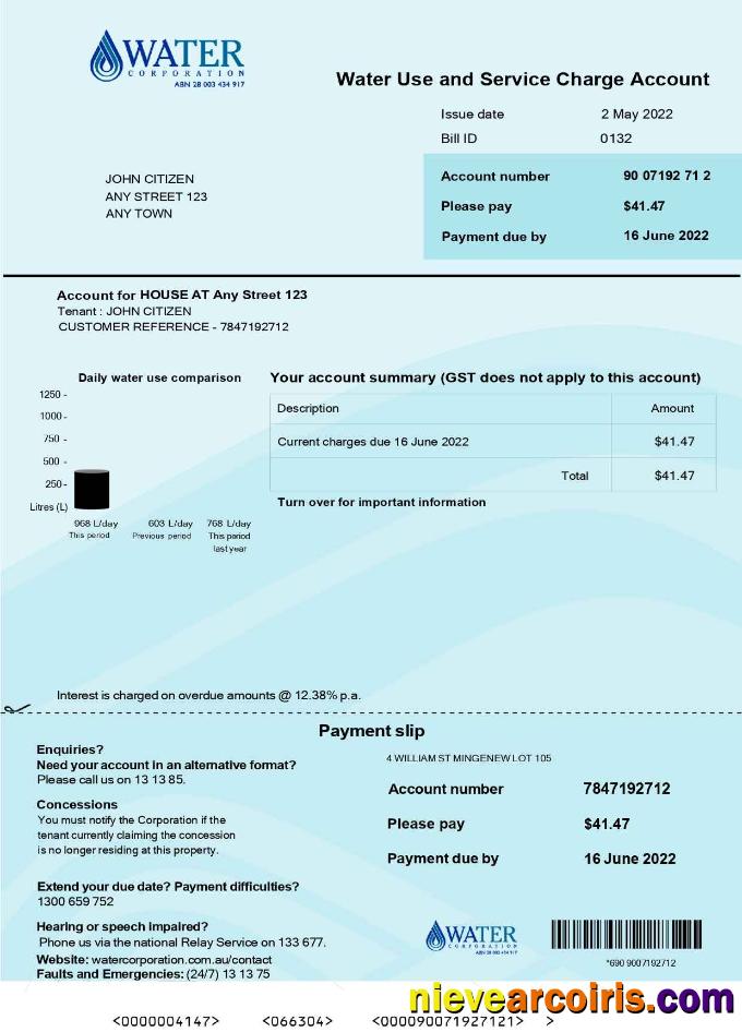 Australia Water Corporation WA utility bill